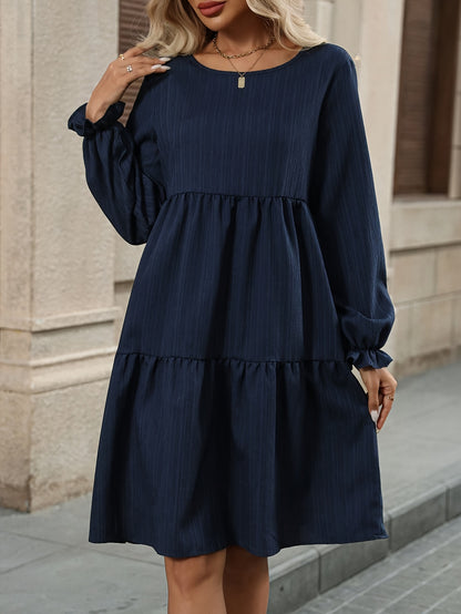 Women's Elegant Navy Blue A-Line long Sleeve dress - Non-Stretchy fabric