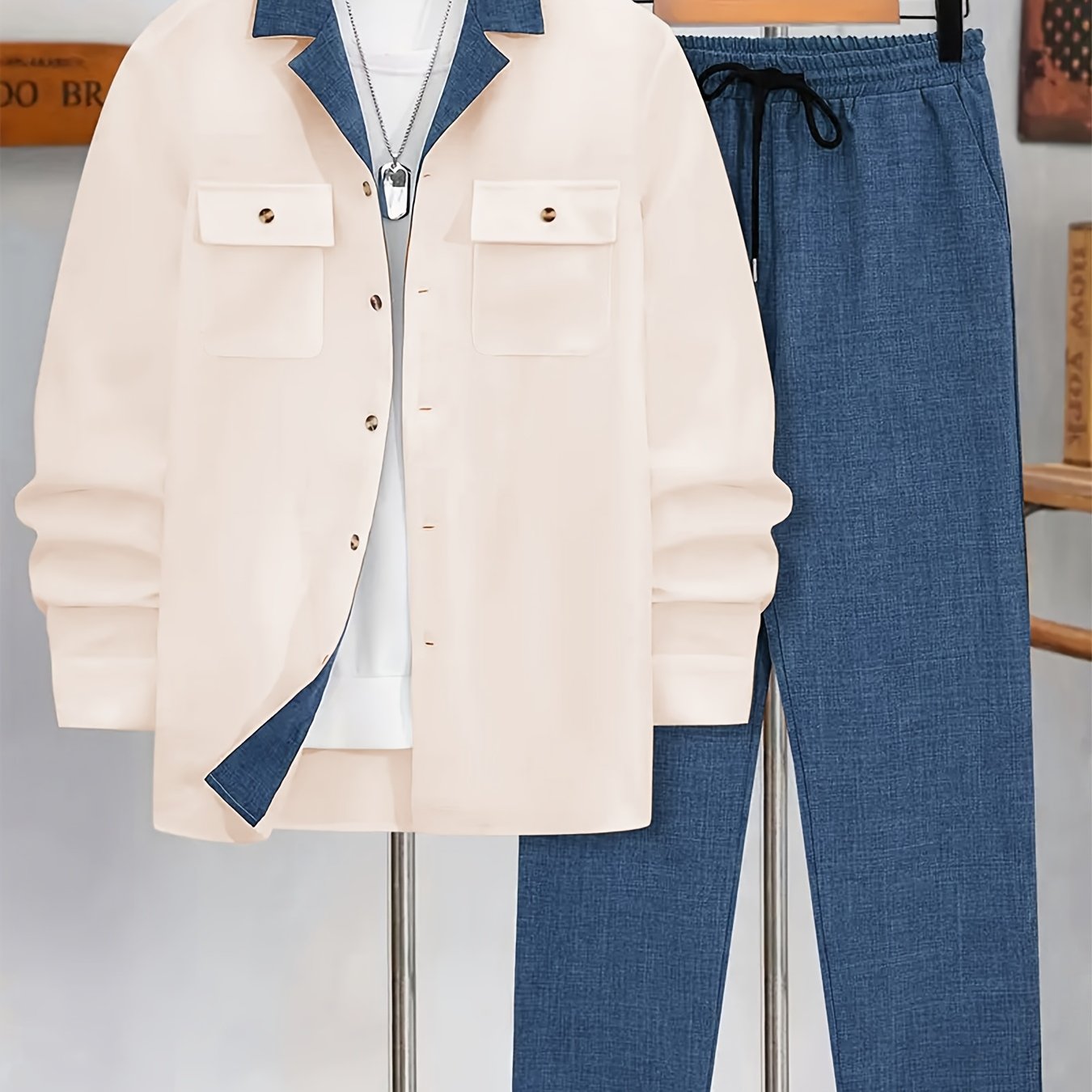 Men's Casual Double-Breasted Long Sleeve Shirt & Pants Set