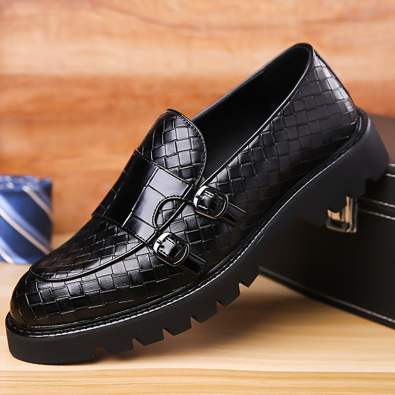 Men's Plaid Design Double Monk Strap Loafers With PU Uppers, Slip Resistant Slip On Dress Shoes For Wedding Party Occasions