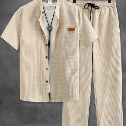 Men's Casual Solid Color Short Sleeve Shirt & Pants Set with Chest Pocket