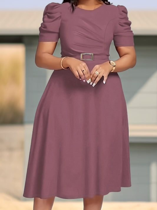Elegant V-Neck Ruched Midi Dress | Women's Solid Color, Short Sleeve, Cinched Waist with Belt, Flowy Skirt