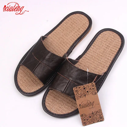 Casual Men Leather Linen Slippers Summer Shoes  Flip Flops