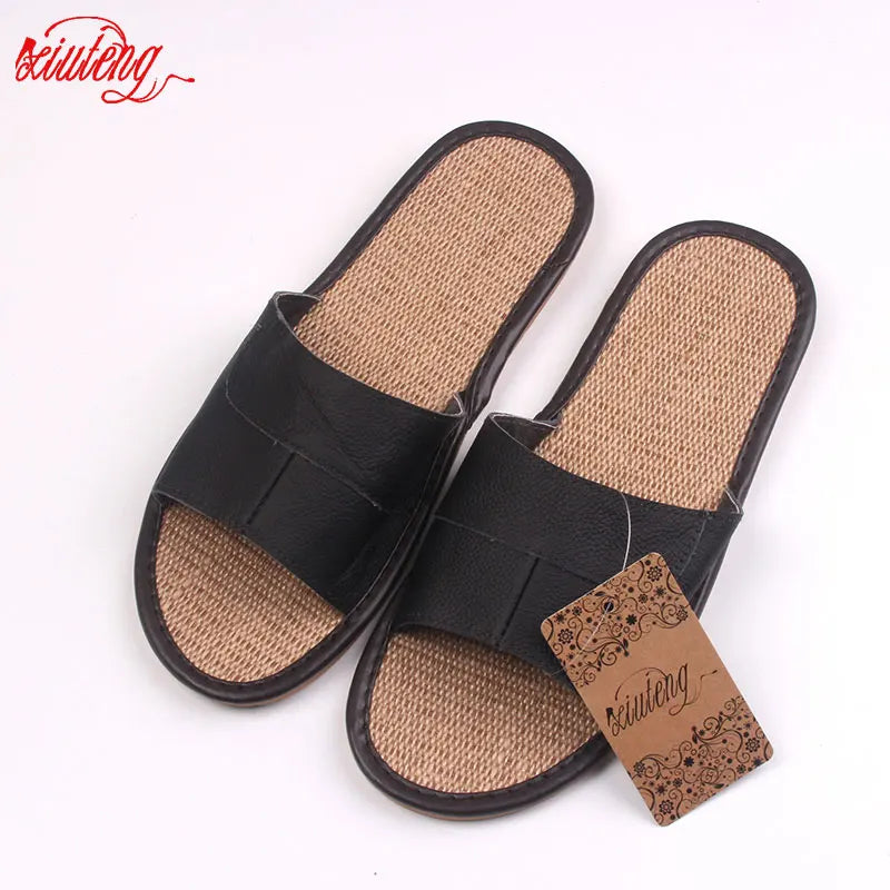 Casual Men Leather Linen Slippers Summer Shoes  Flip Flops