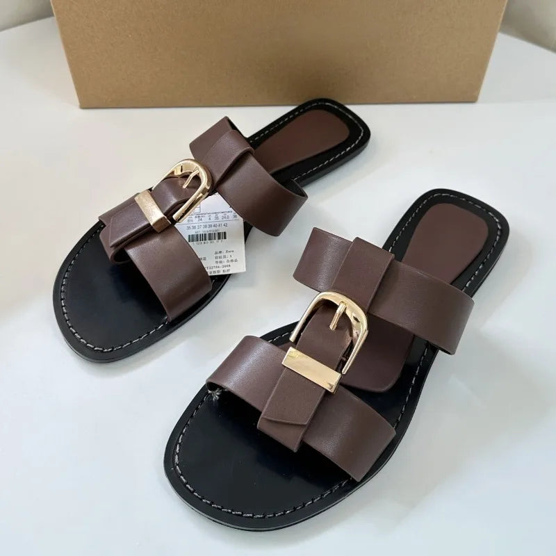 Women Flat Slipper with Metal Buckle Strap