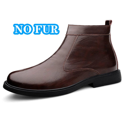 Genuine Leather Men Chelsea Boots New Men Winter Plush Snow Boots Soft Ankle Boots Formal Business High Top Shoes Man Warm Botas
