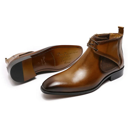 Men's Street Style Leather Boots Square Plain Real Leather Chelsea Ankle Boot Handmade Lace-Up in Black/Brown for Casual Dress