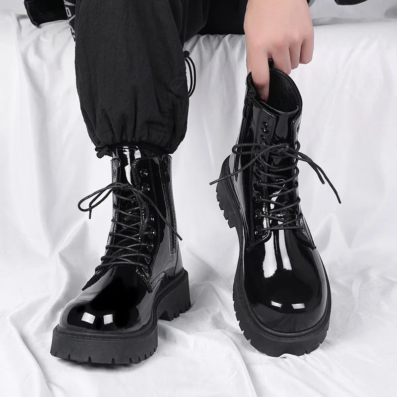 Classic Men Patent Leather Boots Outdoor Street Style Personality Men Motorcycle Boots Seasons Man's High Top Ankle Boots Botas