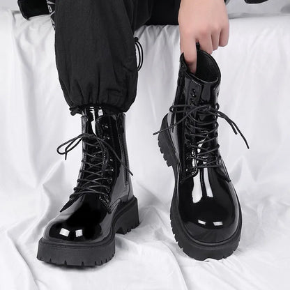 Classic Men Patent Leather Boots Outdoor Street Style Personality Men Motorcycle Boots Seasons Man's High Top Ankle Boots Botas