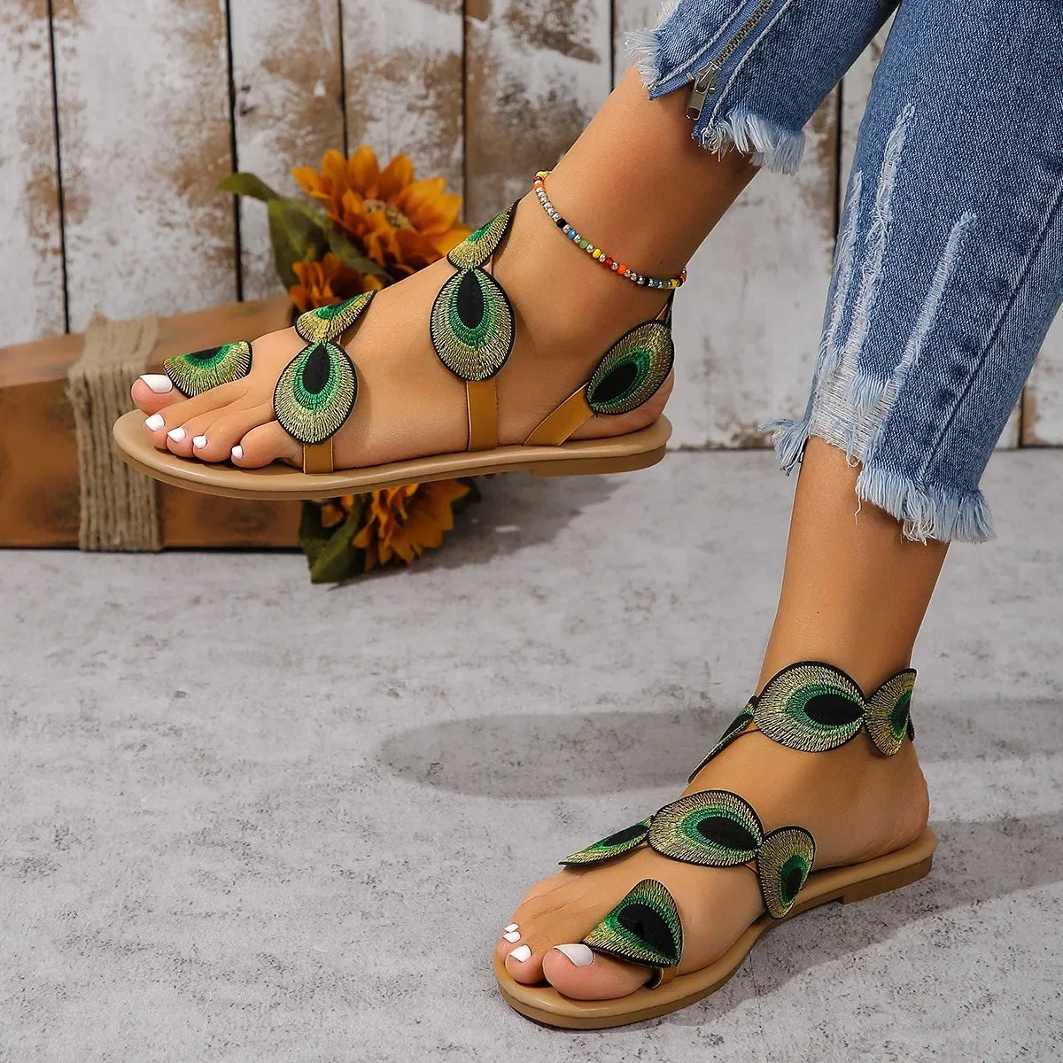 Yellow Embroidered Faux Flower Fashion Sandals