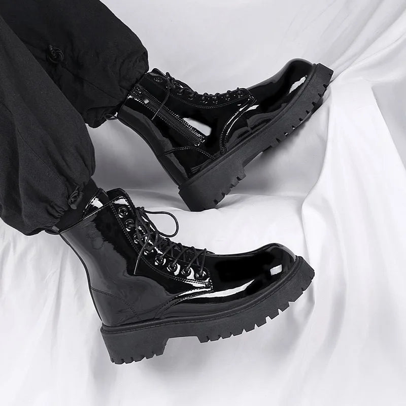 Classic Men Patent Leather Boots Outdoor Street Style Personality Men Motorcycle Boots Seasons Man's High Top Ankle Boots Botas