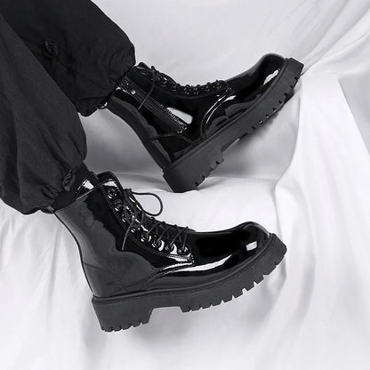 Classic Men Patent Leather Boots Outdoor Street Style Personality Men Motorcycle Boots Seasons Man's High Top Ankle Boots Botas
