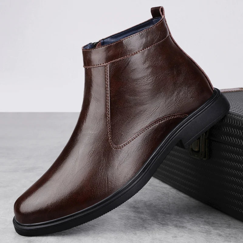 Genuine Leather Men Chelsea Boots New Men Winter Plush Snow Boots Soft Ankle Boots Formal Business High Top Shoes Man Warm Botas