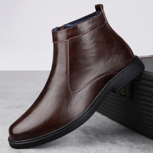 Genuine Leather Men Chelsea Boots New Men Winter Plush Snow Boots Soft Ankle Boots Formal Business High Top Shoes Man Warm Botas