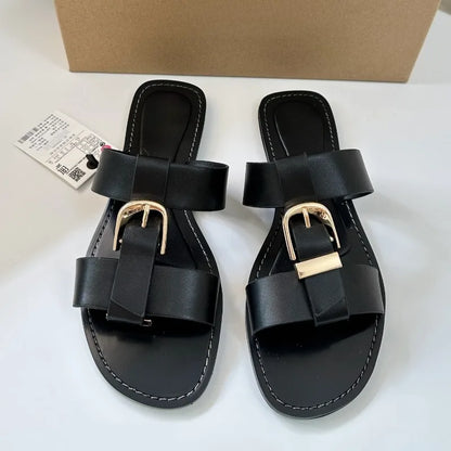 Women Flat Slipper with Metal Buckle Strap