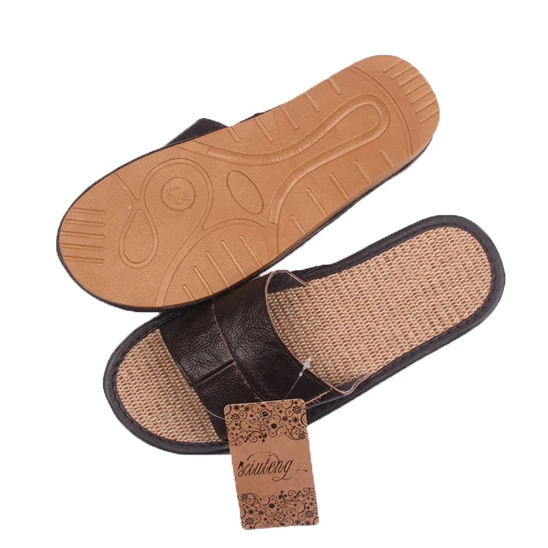 Casual Men Leather Linen Slippers Summer Shoes  Flip Flops