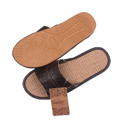 Casual Men Leather Linen Slippers Summer Shoes  Flip Flops
