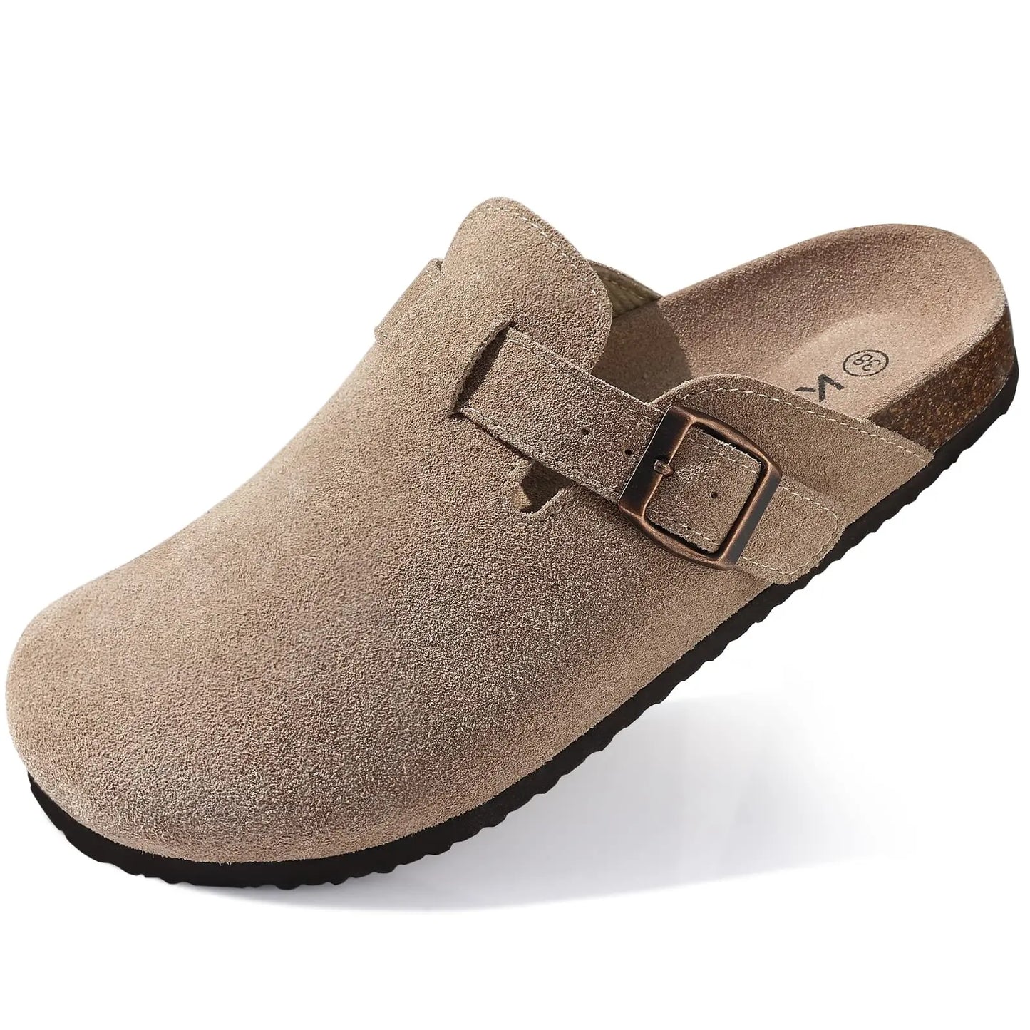 Kidmi Men's Suede Clogs Cork Footbed Clogs for Women Soft Leather Adjustable Buckle Slip-on Potato Shoes Sandals Beach Slippers