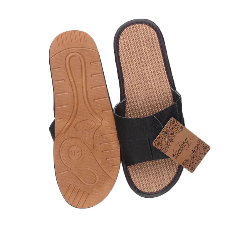 Casual Men Leather Linen Slippers Summer Shoes  Flip Flops