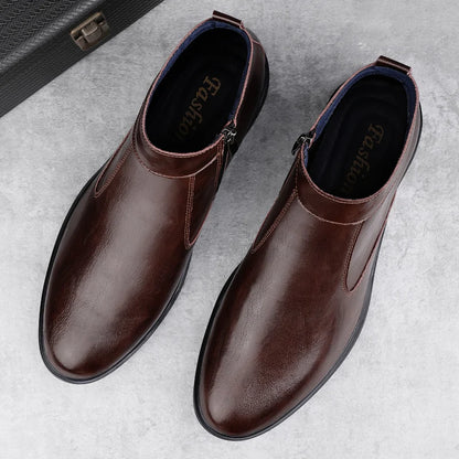 Genuine Leather Men Chelsea Boots New Men Winter Plush Snow Boots Soft Ankle Boots Formal Business High Top Shoes Man Warm Botas