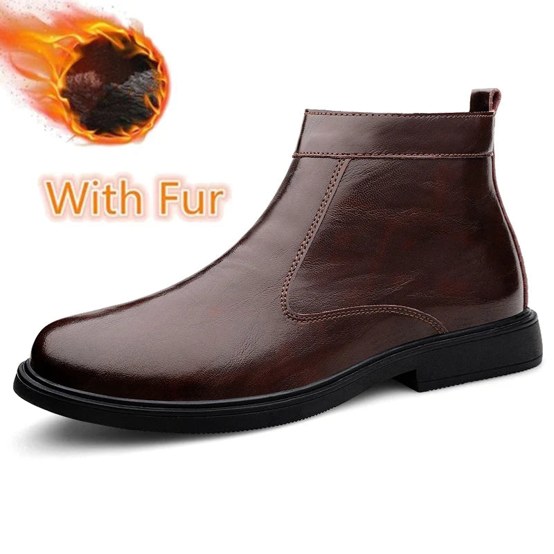 Genuine Leather Men Chelsea Boots New Men Winter Plush Snow Boots Soft Ankle Boots Formal Business High Top Shoes Man Warm Botas