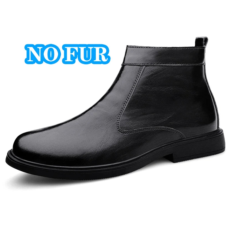 Genuine Leather Men Chelsea Boots New Men Winter Plush Snow Boots Soft Ankle Boots Formal Business High Top Shoes Man Warm Botas