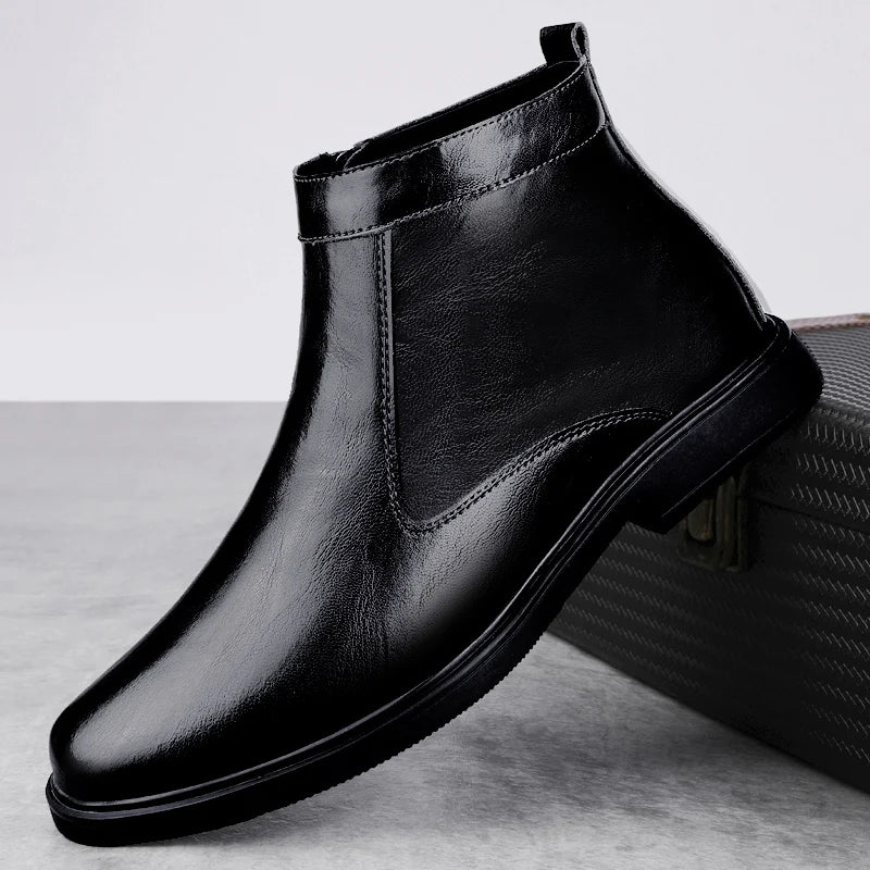 Genuine Leather Men Chelsea Boots New Men Winter Plush Snow Boots Soft Ankle Boots Formal Business High Top Shoes Man Warm Botas