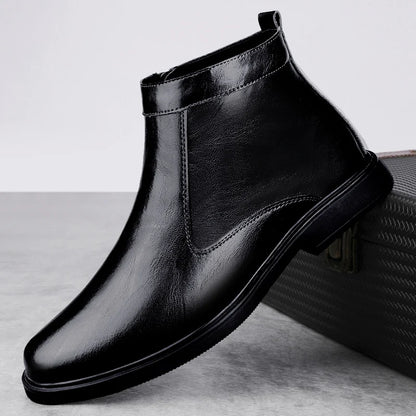 Genuine Leather Men Chelsea Boots New Men Winter Plush Snow Boots Soft Ankle Boots Formal Business High Top Shoes Man Warm Botas