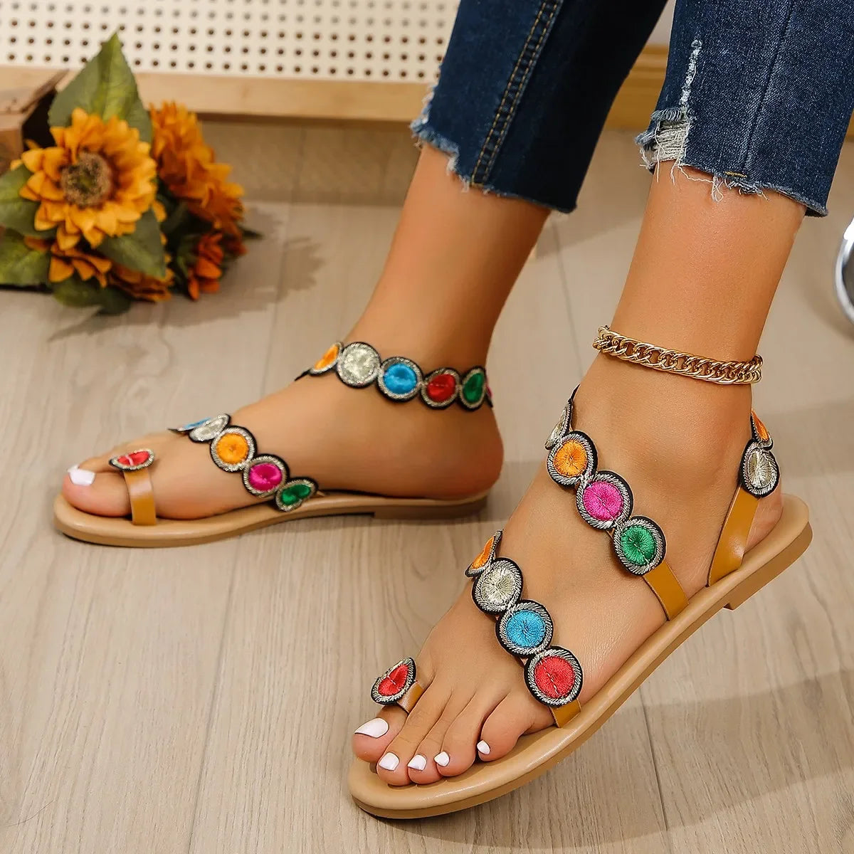 Yellow Embroidered Faux Flower Fashion Sandals