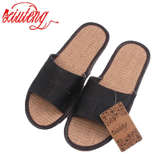 Casual Men Leather Linen Slippers Summer Shoes  Flip Flops