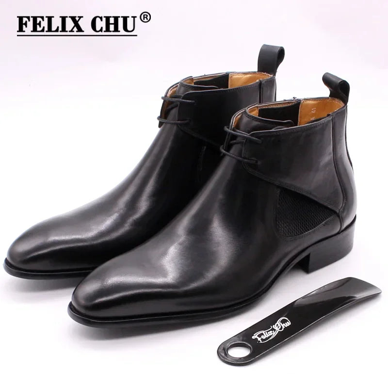 Men's Street Style Leather Boots Square Plain Real Leather Chelsea Ankle Boot Handmade Lace-Up in Black/Brown for Casual Dress