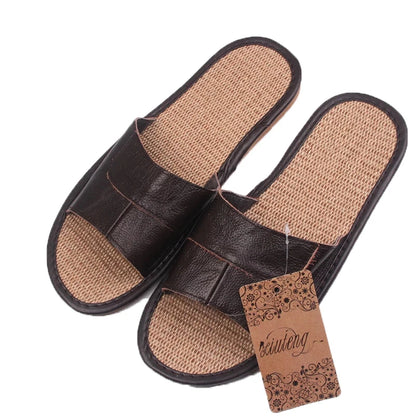 Casual Men Leather Linen Slippers Summer Shoes  Flip Flops