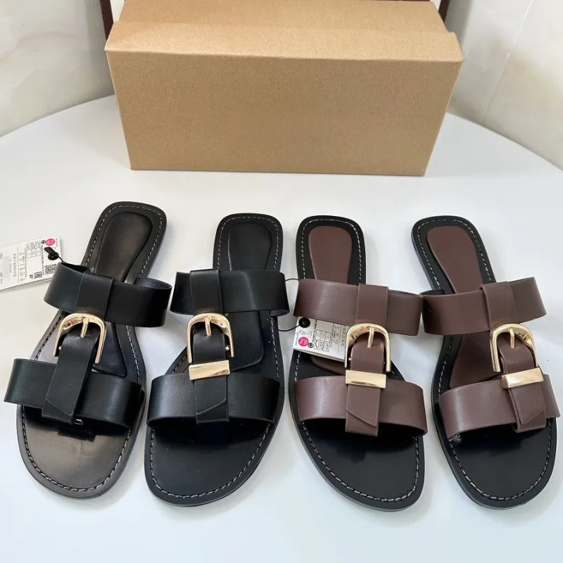 Women Flat Slipper with Metal Buckle Strap