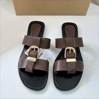 Women Flat Slipper with Metal Buckle Strap