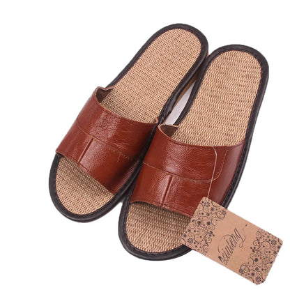 Casual Men Leather Linen Slippers Summer Shoes  Flip Flops