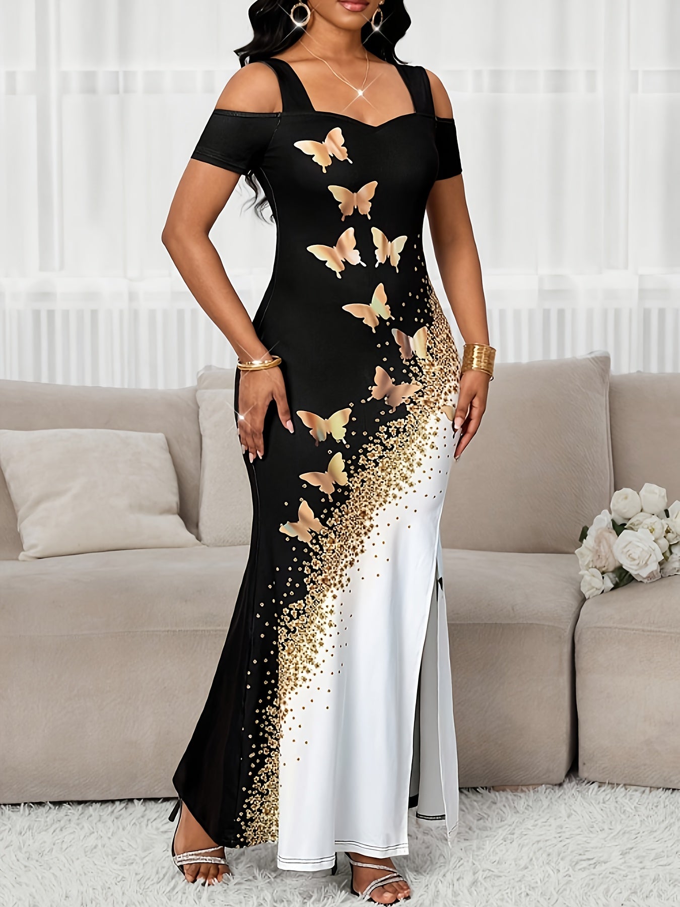 Women's Elegant Color-Block Butterfly Print Off-Shoulder Dress with High Slit