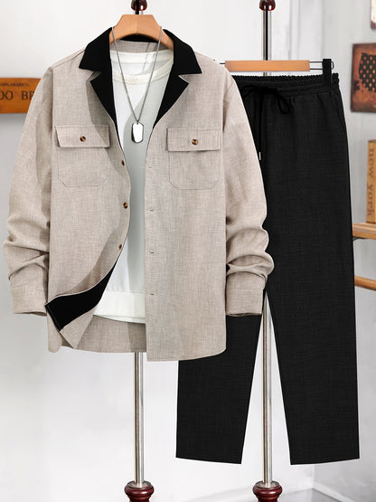 Men's Long-Sleeve Button-Up Shirt Top, Casual Straight-Leg Pants Set.