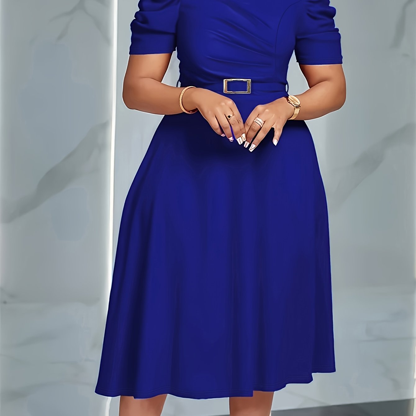 Elegant V-Neck Ruched Midi Dress | Women's Solid Color, Short Sleeve, Cinched Waist with Belt, Flowy Skirt