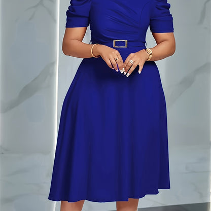 Elegant V-Neck Ruched Midi Dress | Women's Solid Color, Short Sleeve, Cinched Waist with Belt, Flowy Skirt