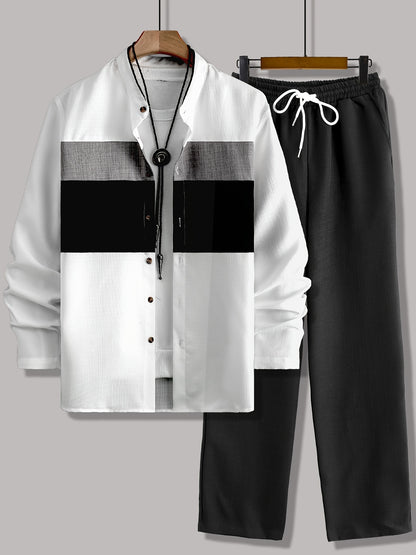 Men's Casual Long Sleeve Button-Up Shirt with Contrast Collar & Drawstring Pants, Green & White Color Block Design, Perfect for Spring/Fall, Regular Fit, Non-Stretch Fabric, Casual Attire