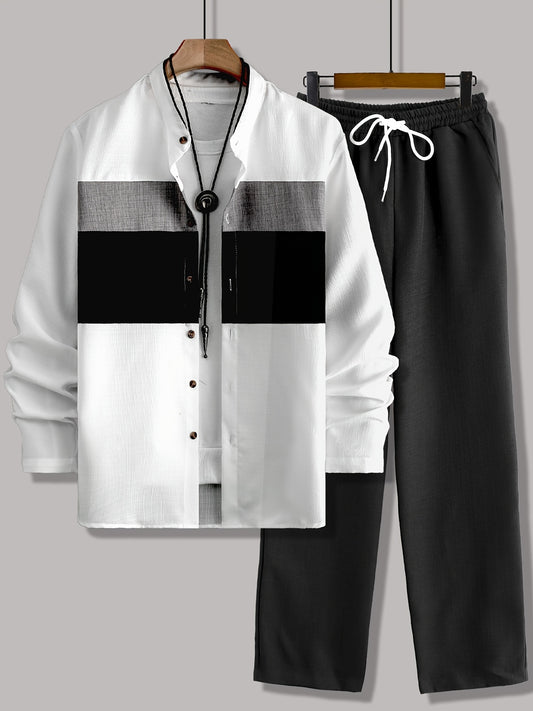 Men's Casual Long Sleeve Button-Up Shirt with Contrast Collar & Drawstring Pants, Green & White Color Block Design, Perfect for Spring/Fall, Regular Fit, Non-Stretch Fabric, Casual Attire