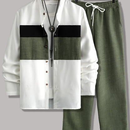 Men's Casual Long Sleeve Button-Up Shirt with Contrast Collar & Drawstring Pants, Green & White Color Block Design, Perfect for Spring/Fall, Regular Fit, Non-Stretch Fabric, Casual Attire