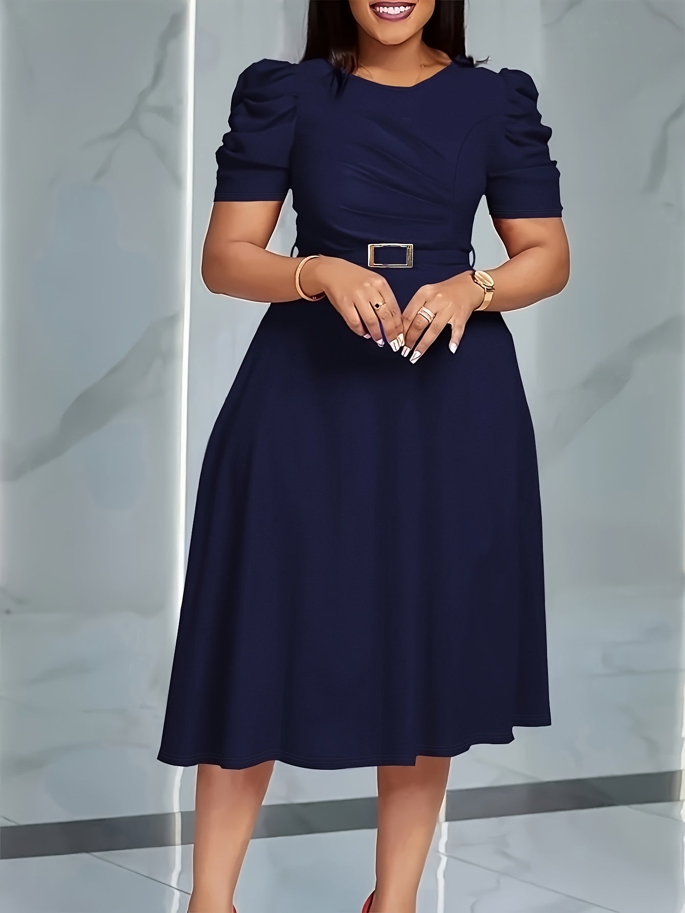 Elegant V-Neck Ruched Midi Dress | Women's Solid Color, Short Sleeve, Cinched Waist with Belt, Flowy Skirt