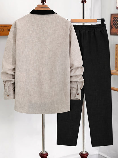 Men's Long-Sleeve Button-Up Shirt Top, Casual Straight-Leg Pants Set.