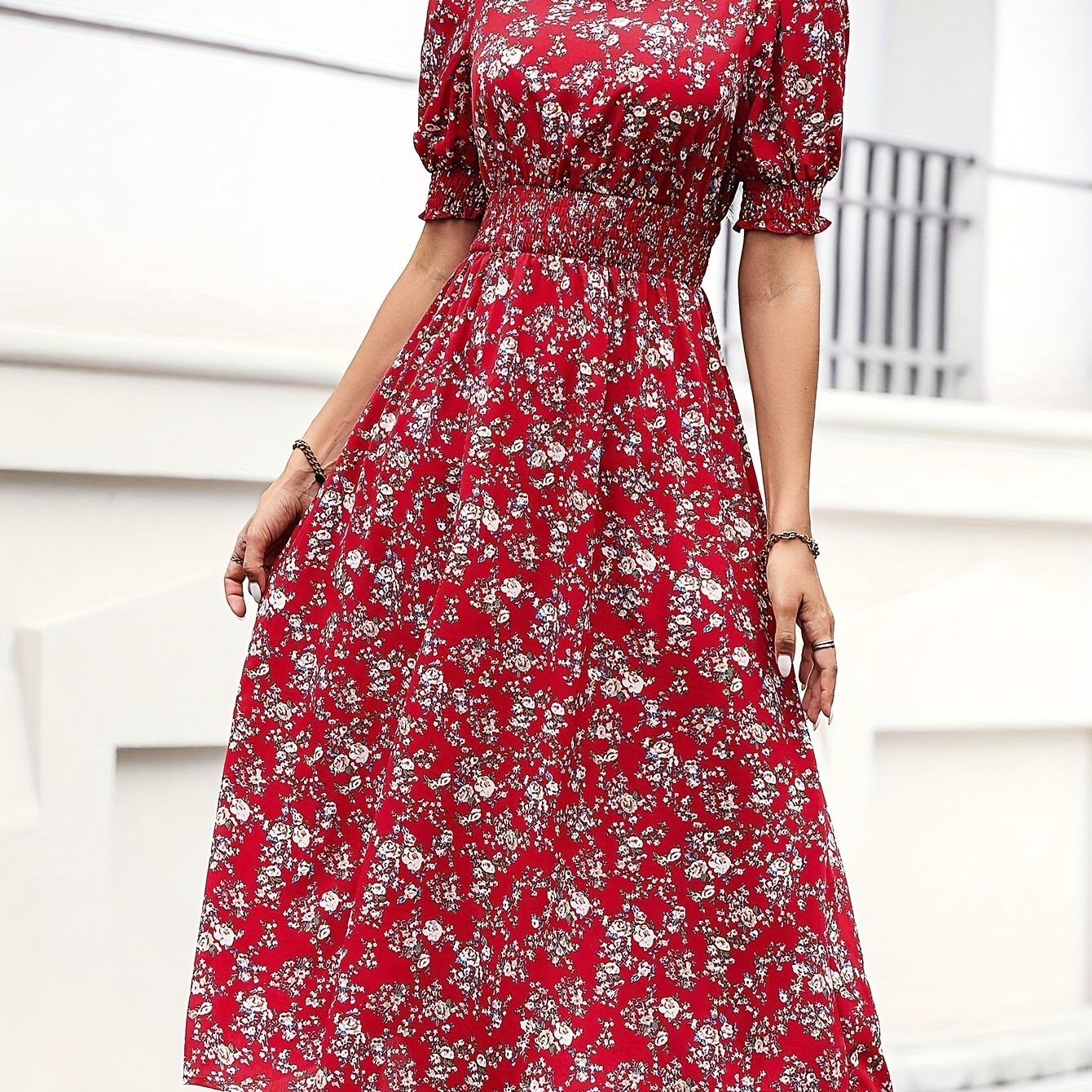 Women's Slim Fit Floral Print A-Line Dress with Bubble Sleeves & Flared Hem