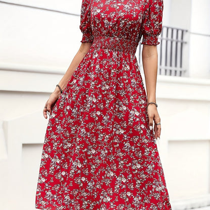 Women's Slim Fit Floral Print A-Line Dress with Bubble Sleeves & Flared Hem