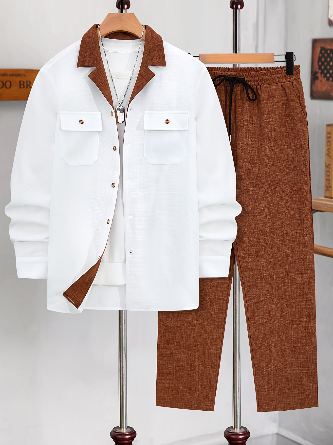 Men's Long-Sleeve Button-Up Shirt Top, Casual Straight-Leg Pants Set.