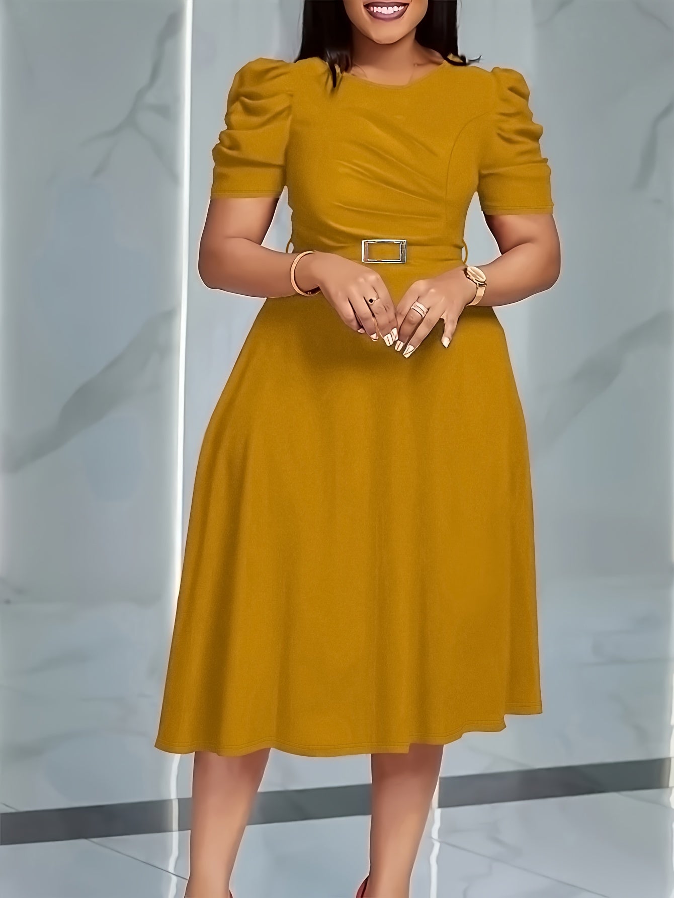 Elegant V-Neck Ruched Midi Dress | Women's Solid Color, Short Sleeve, Cinched Waist with Belt, Flowy Skirt