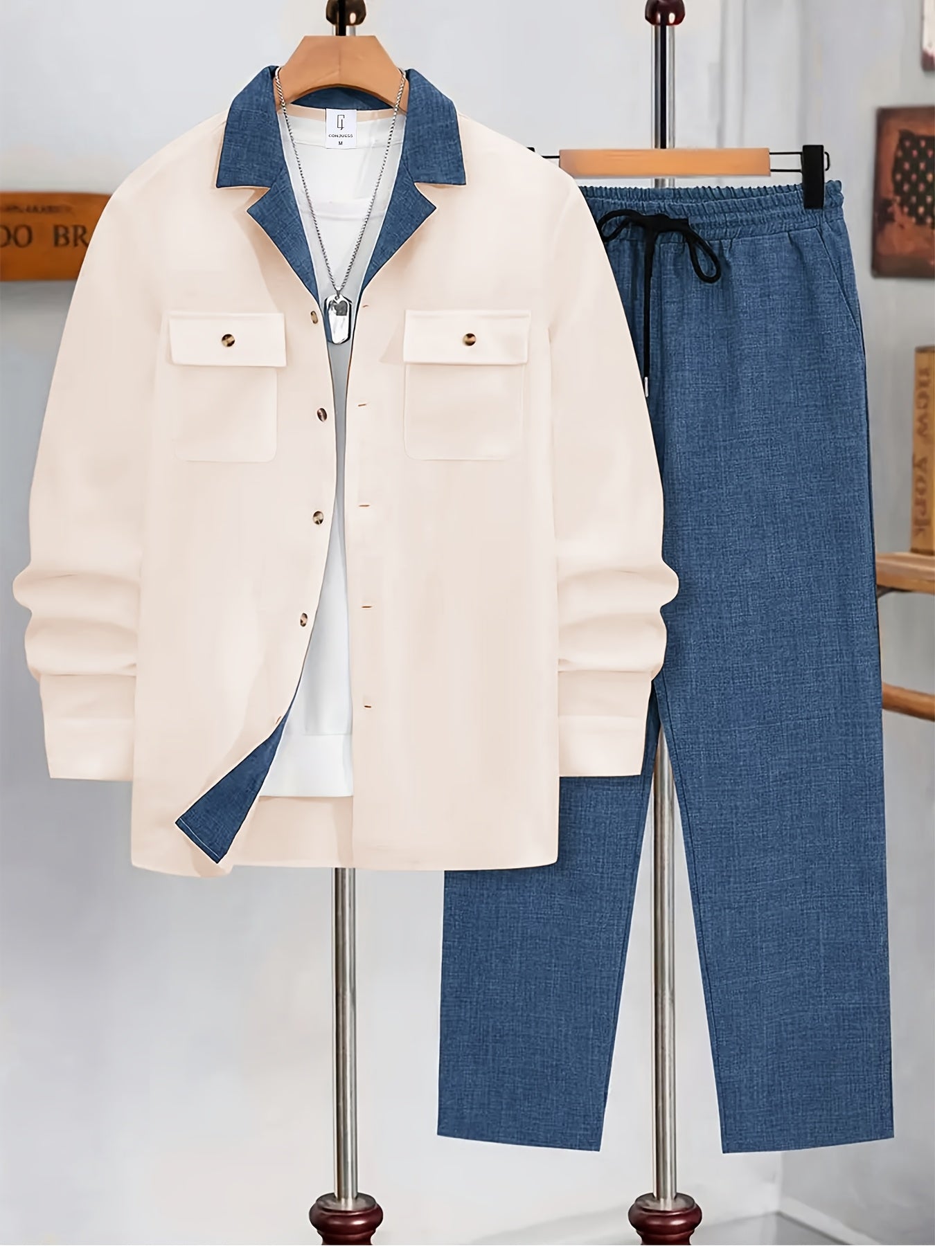 Men's Casual Double-Breasted Long Sleeve Shirt & Pants Set