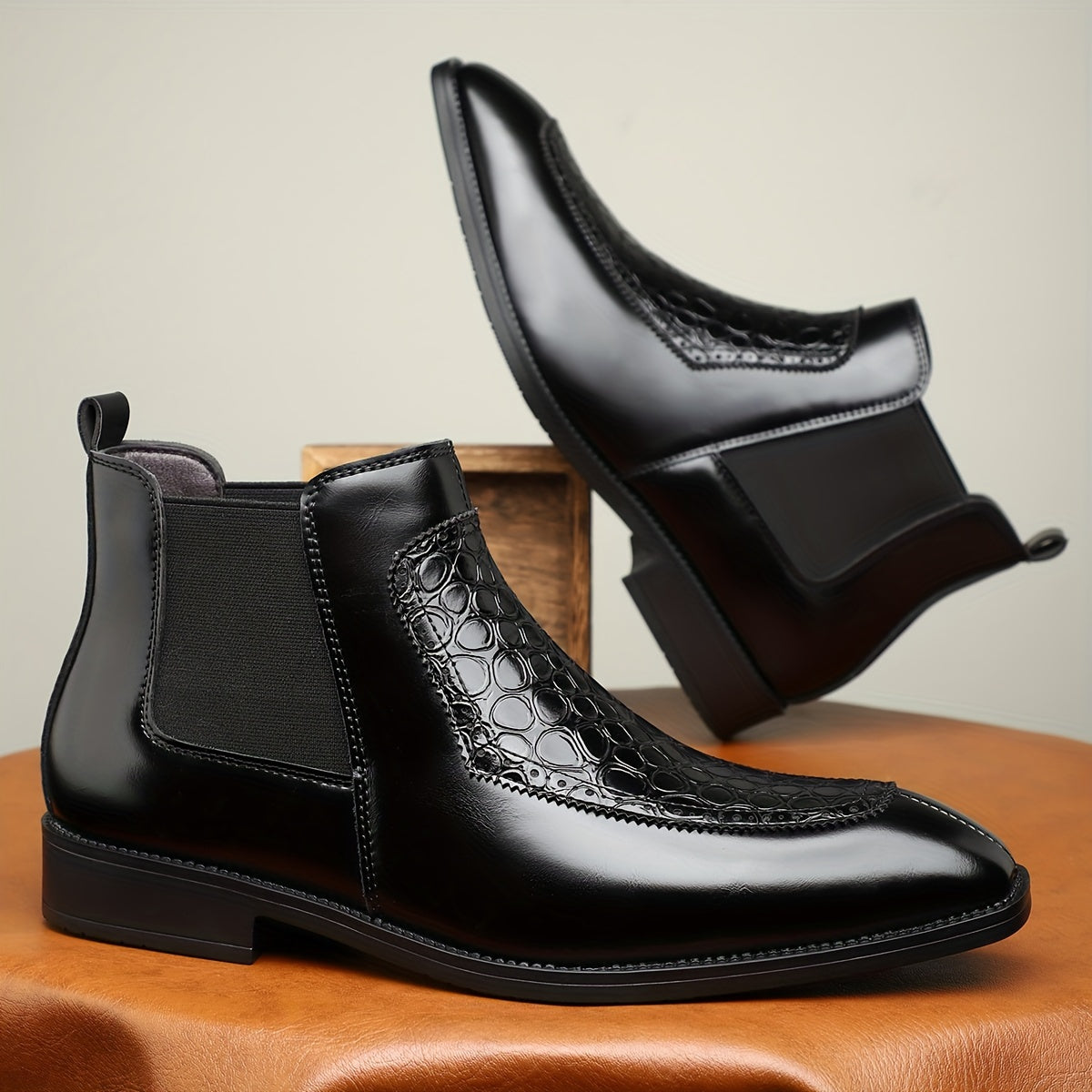Men's Black Boots with Crocodile Pattern - Slip-On Ankle Boots for Everyday Casual Wear, Rubber Sole, Stylish & Versatile Design