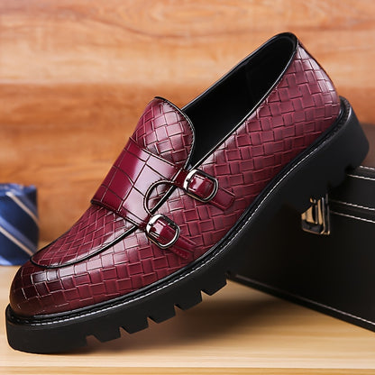 Men's Plaid Design Double Monk Strap Loafers With PU Uppers, Slip Resistant Slip On Dress Shoes For Wedding Party Occasions